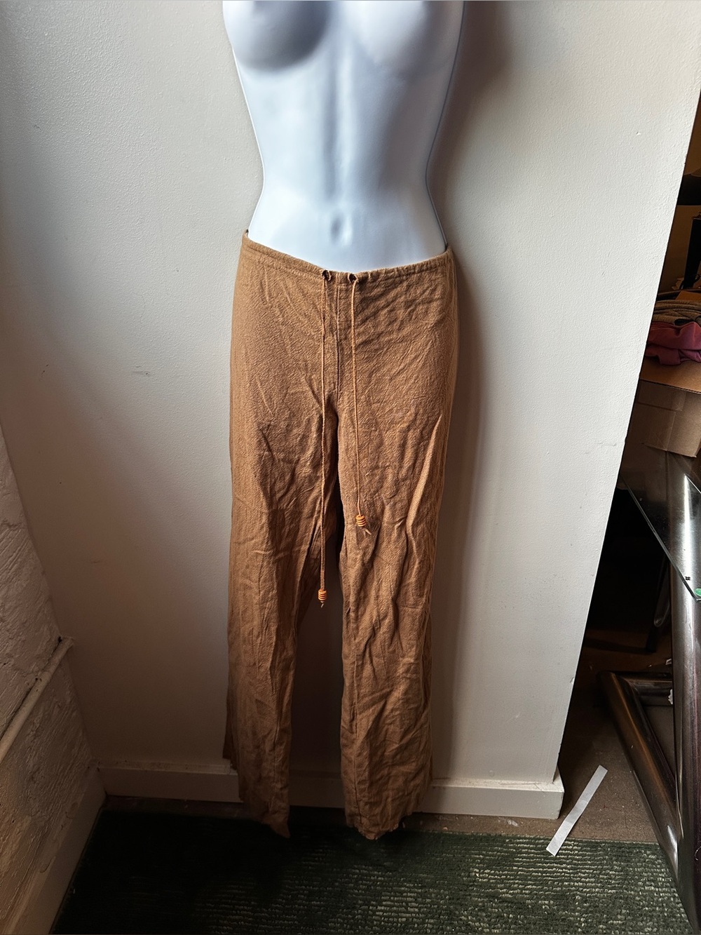 Y2K Wet Seal Low Rise Brown Linen Flare Pants Drawstring Beach Boho Hippie